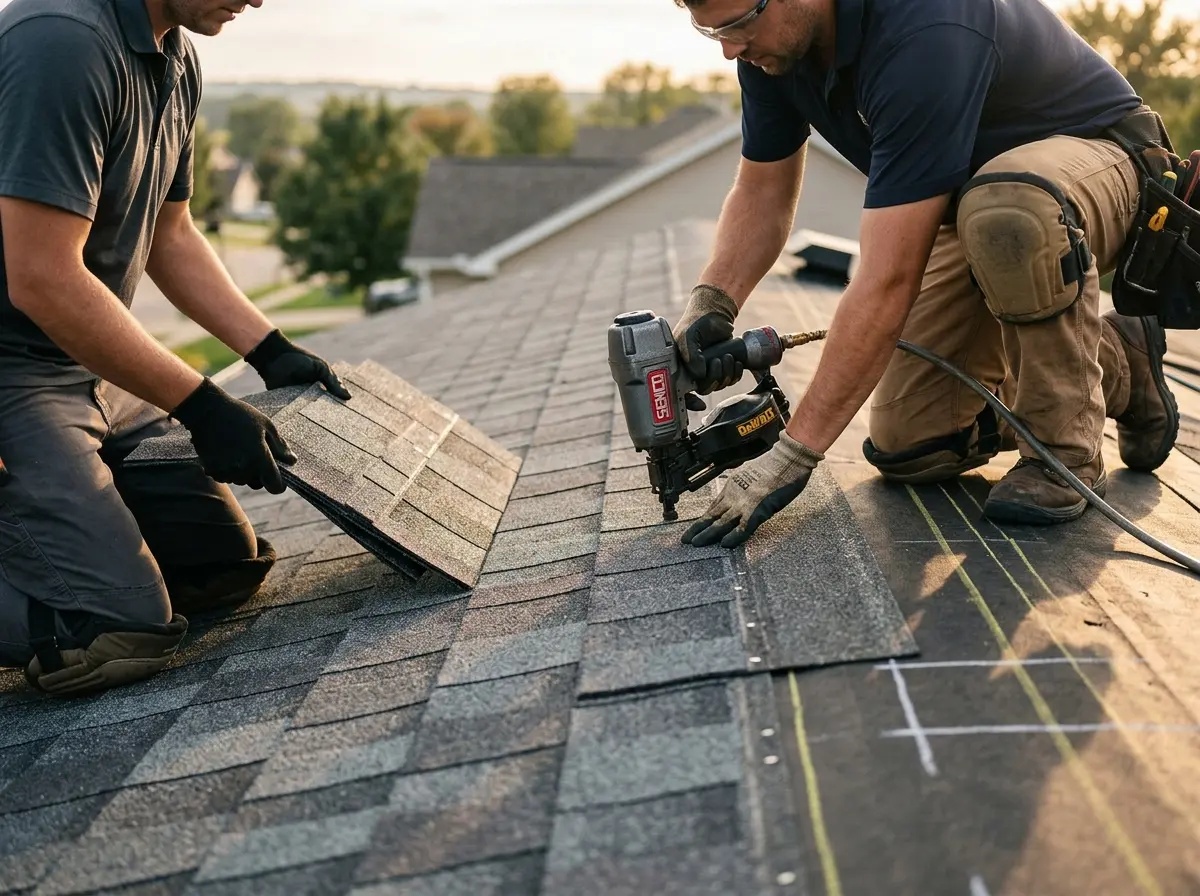 Professional roofer working on a residential roof in Moncks Corner
